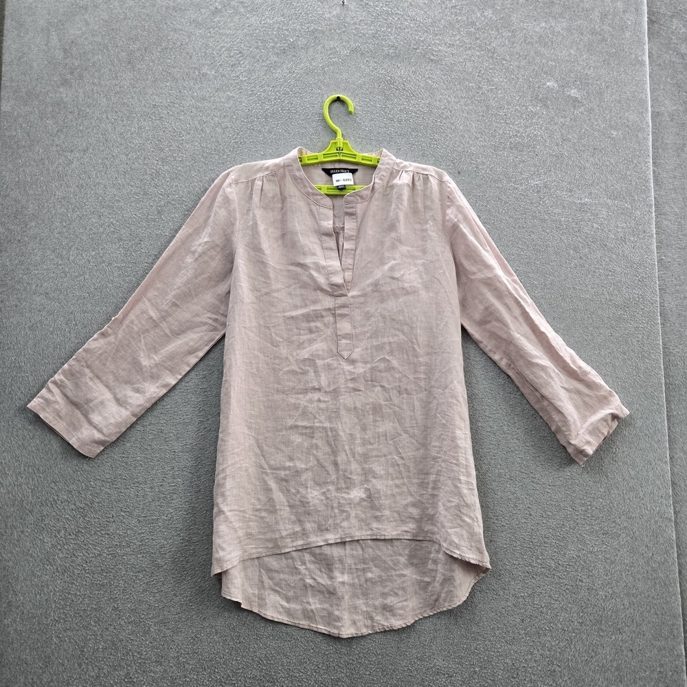ELLEN TRACY Women Blouse L‎ Pink Linen Button V-Neck Coastal Beachy Tunic